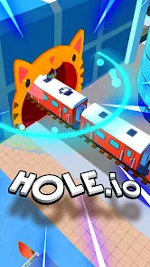 Hole.io Gameplay Screenshot - Black hole consuming city buildings